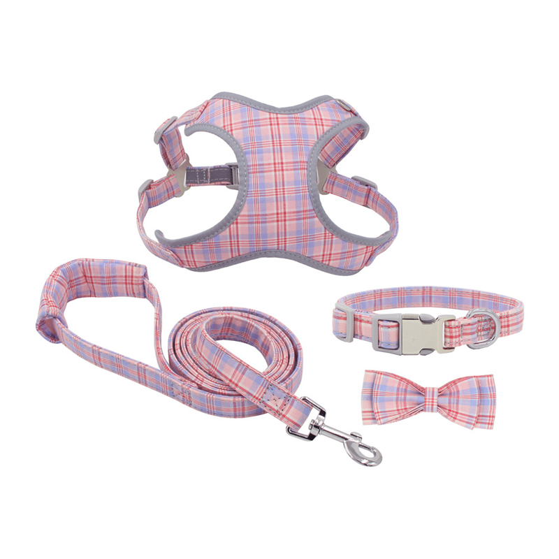 New Comfortable Cotton Plaid Bowknot Collar Leash Set Dog Harness